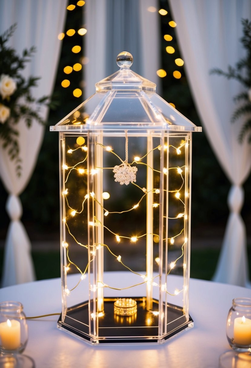 An acrylic wishing well adorned with twinkling LED lights, set against a romantic wedding backdrop