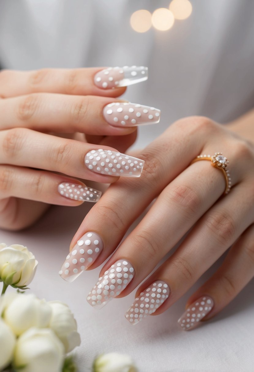 Clear nails with delicate white dots in various sizes, creating a minimalist and elegant white wedding nail design