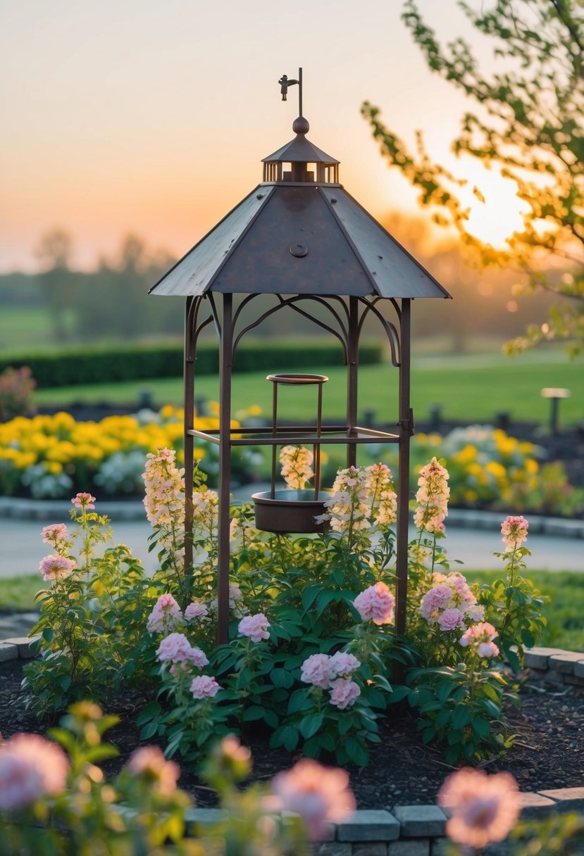 A vintage-style metal wishing well surrounded by blooming flowers and greenery, with a soft glow from the setting sun