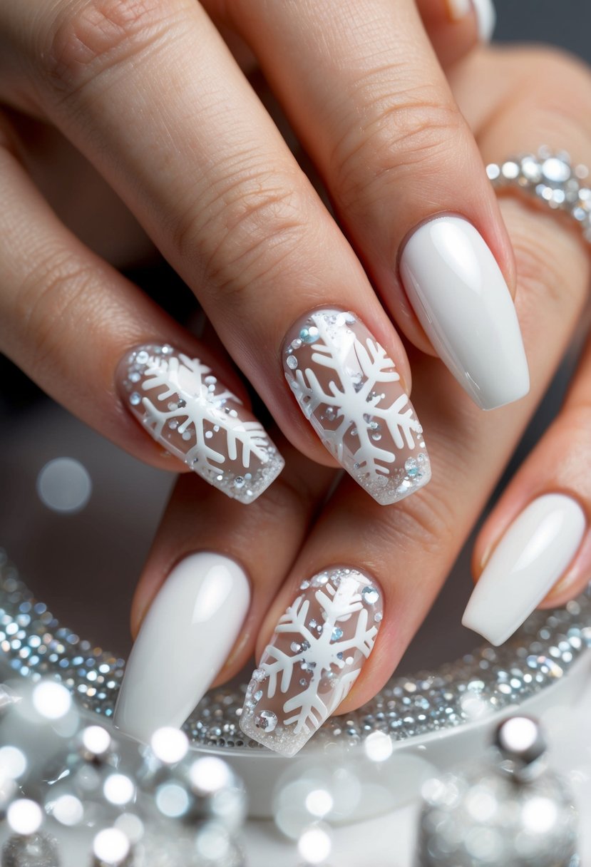 A shimmery white snowflake design on a set of elegant wedding nails