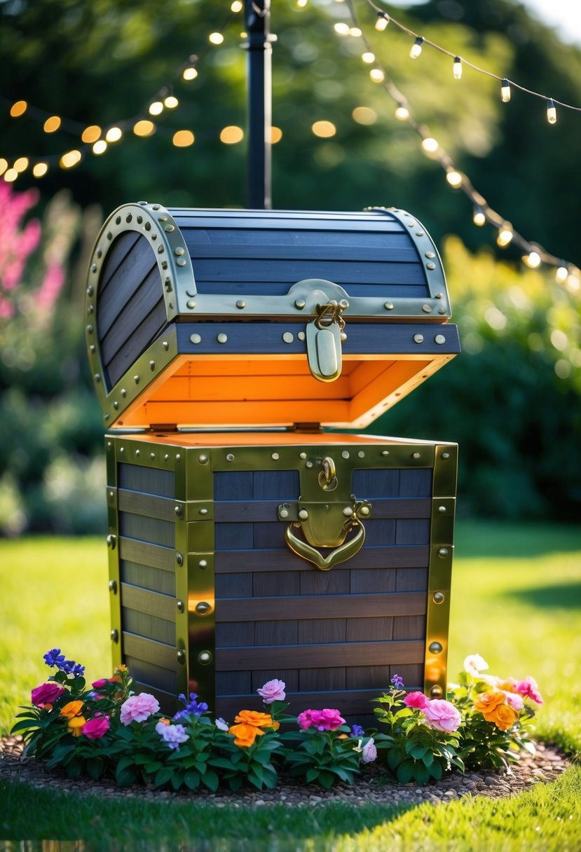 A treasure chest-shaped wishing well surrounded by blooming flowers and twinkling fairy lights