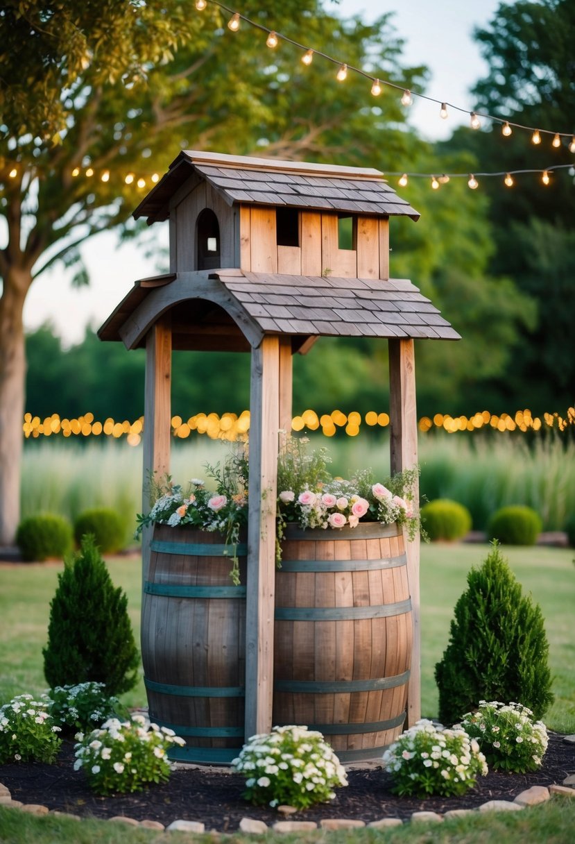 A rustic barrel wishing well nestled in a garden, adorned with flowers and surrounded by twinkling lights