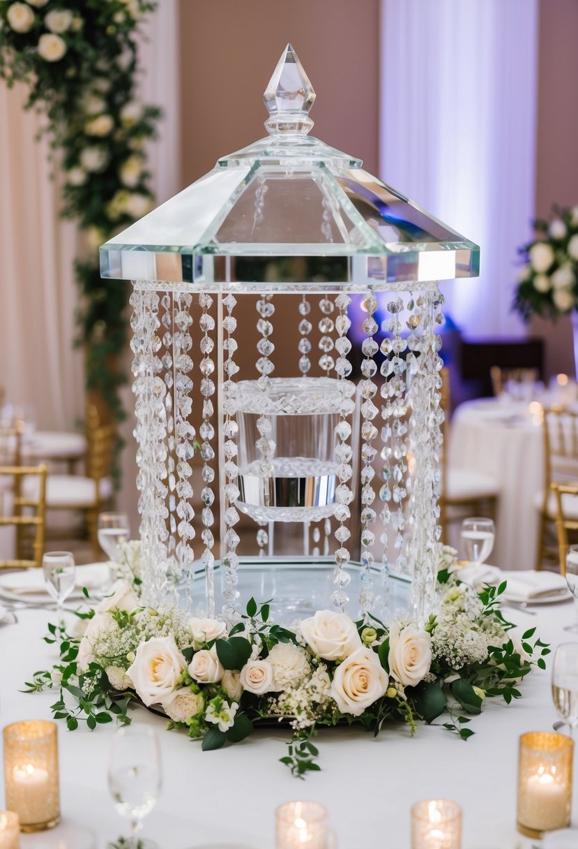 A crystal wishing well adorned with cascading crystals and surrounded by delicate floral arrangements, serving as a stunning centerpiece for a wedding celebration