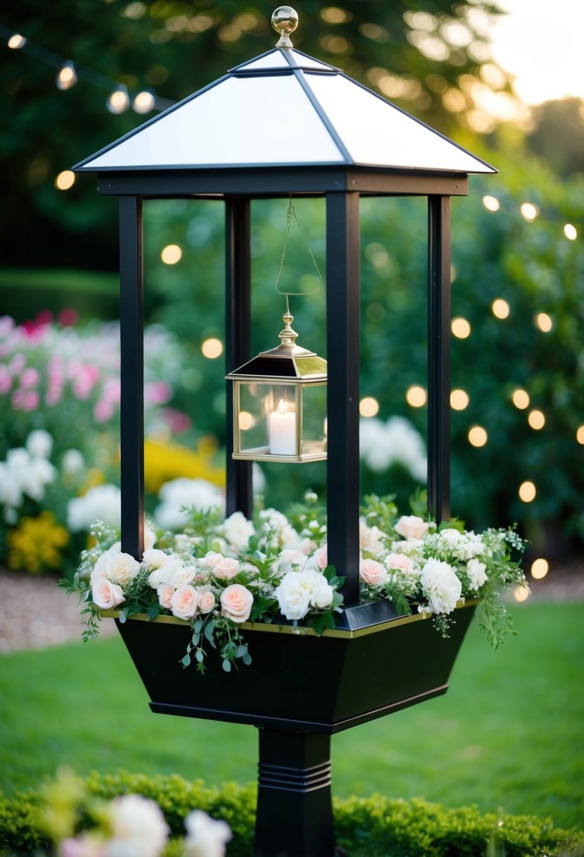 A mirror-topped wishing well box sits in a lush garden, surrounded by flowers and twinkling lights, perfect for a romantic wedding setting