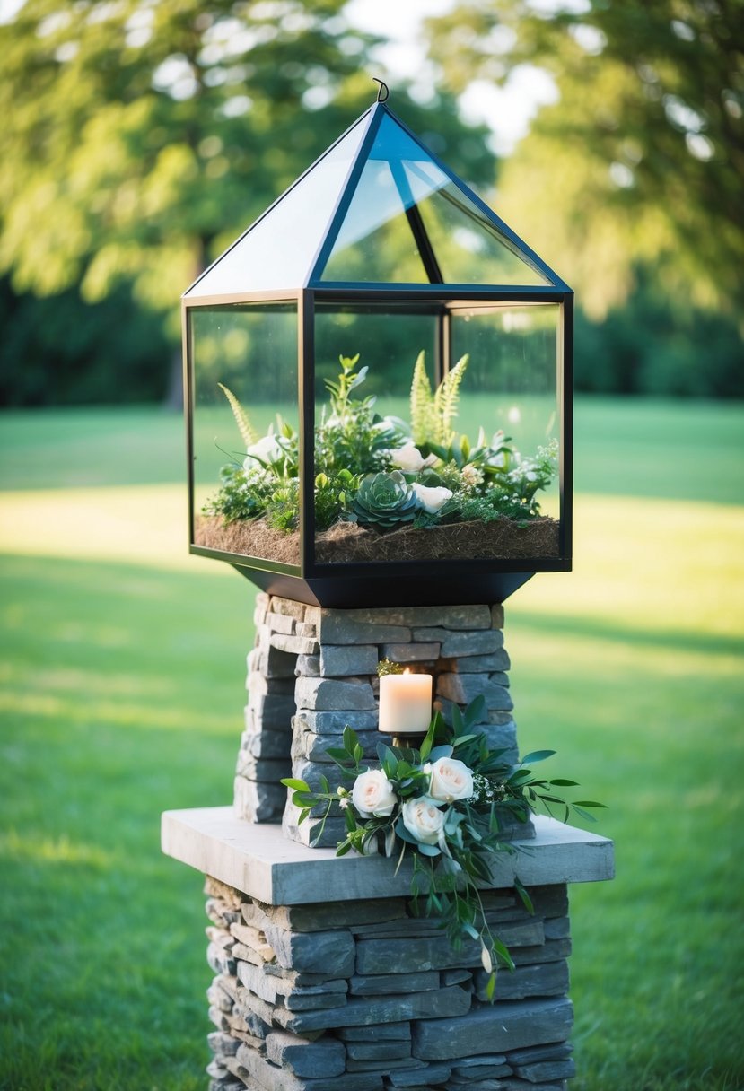 A geometric terrarium sits atop a stone wishing well, filled with greenery and flowers, serving as a unique wedding centerpiece