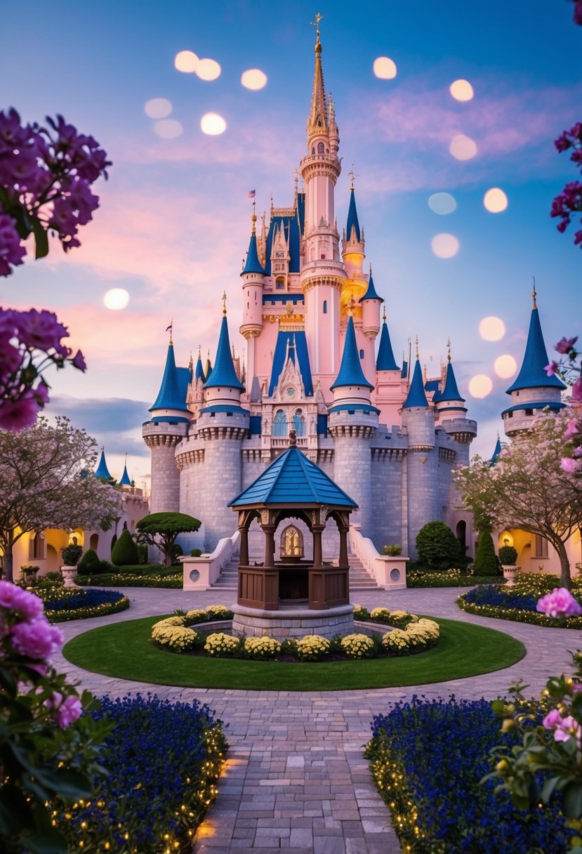 A majestic fairy tale castle with a grand wishing well in the courtyard, surrounded by blooming flowers and twinkling lights