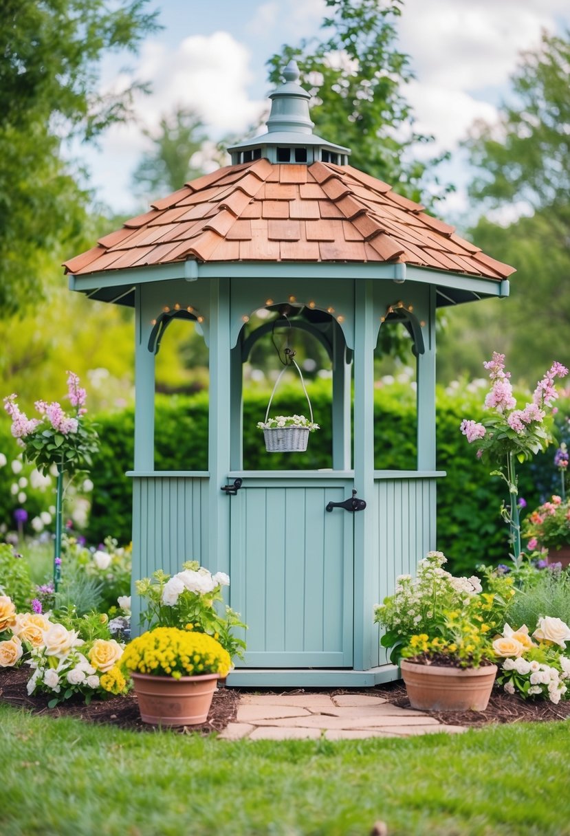 A charming garden-style wishing well surrounded by blooming flowers and greenery, with a romantic and whimsical atmosphere perfect for a wedding celebration