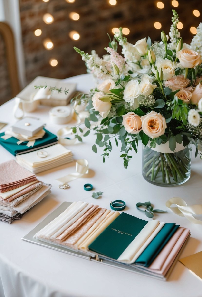 A table scattered with fabric swatches, ribbon samples, and floral arrangements for a wedding binder