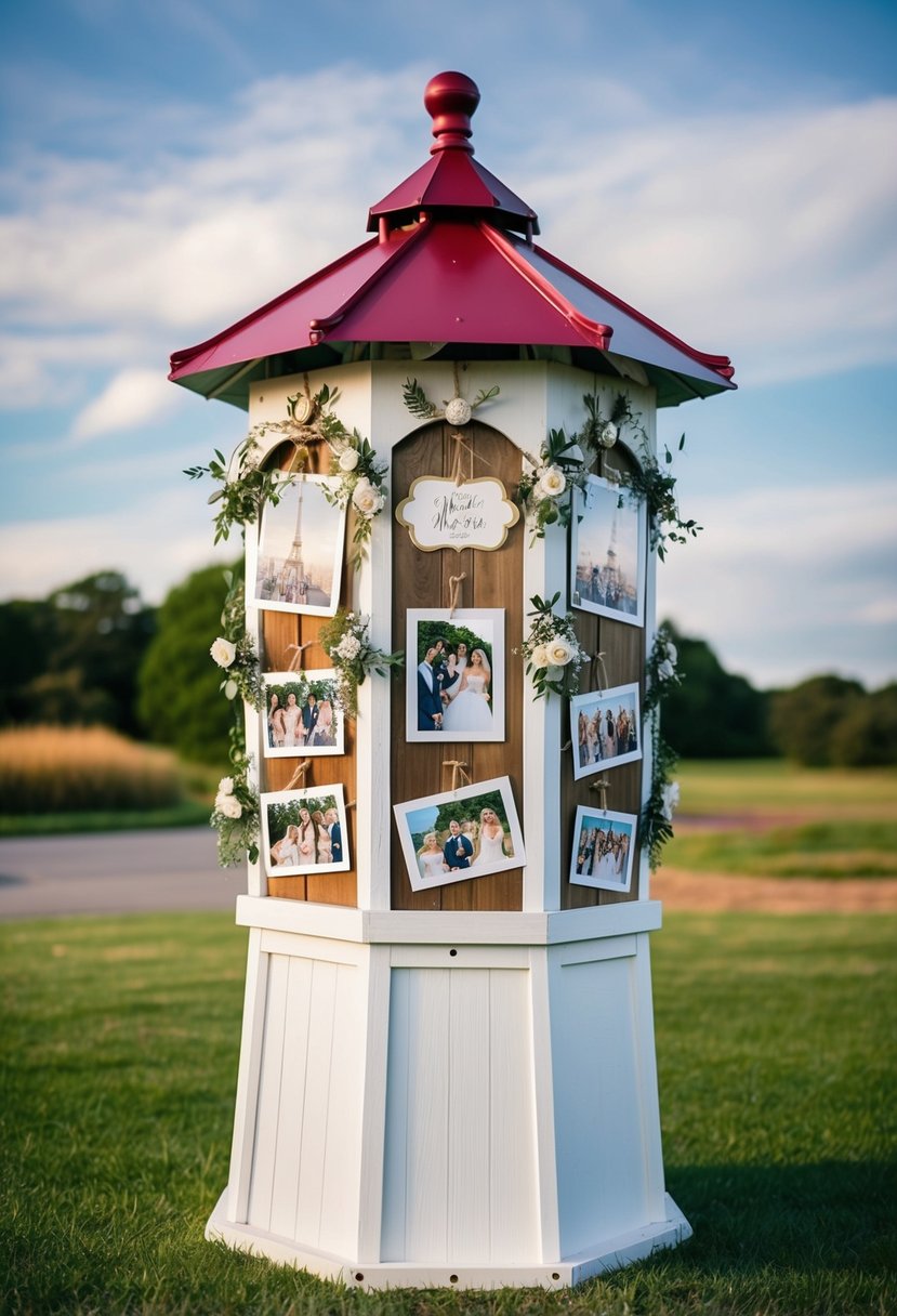 A whimsical wishing well adorned with personalized photo collages for a wedding celebration