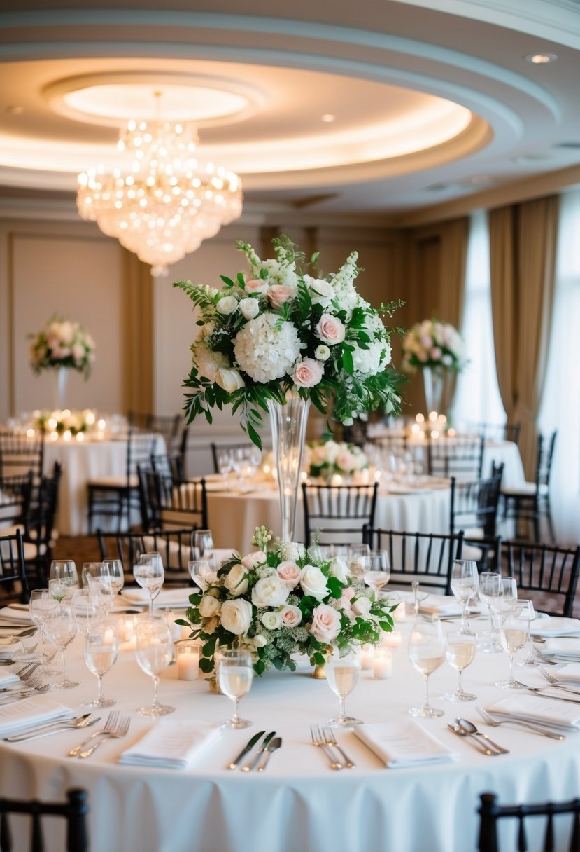 A wedding venue with elegant décor, floral centerpieces, and seating arrangement