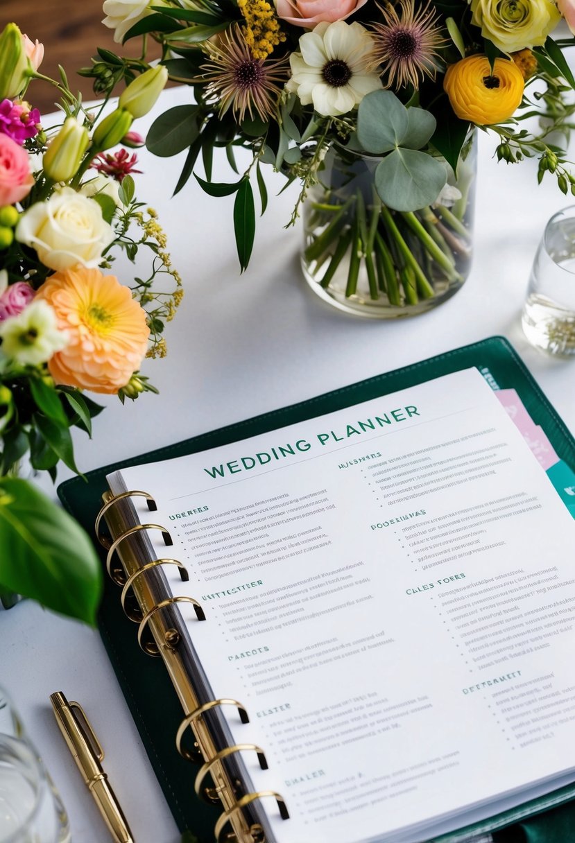 A table with various flowers and a wedding planner binder open to pages filled with floral arrangements and their meanings