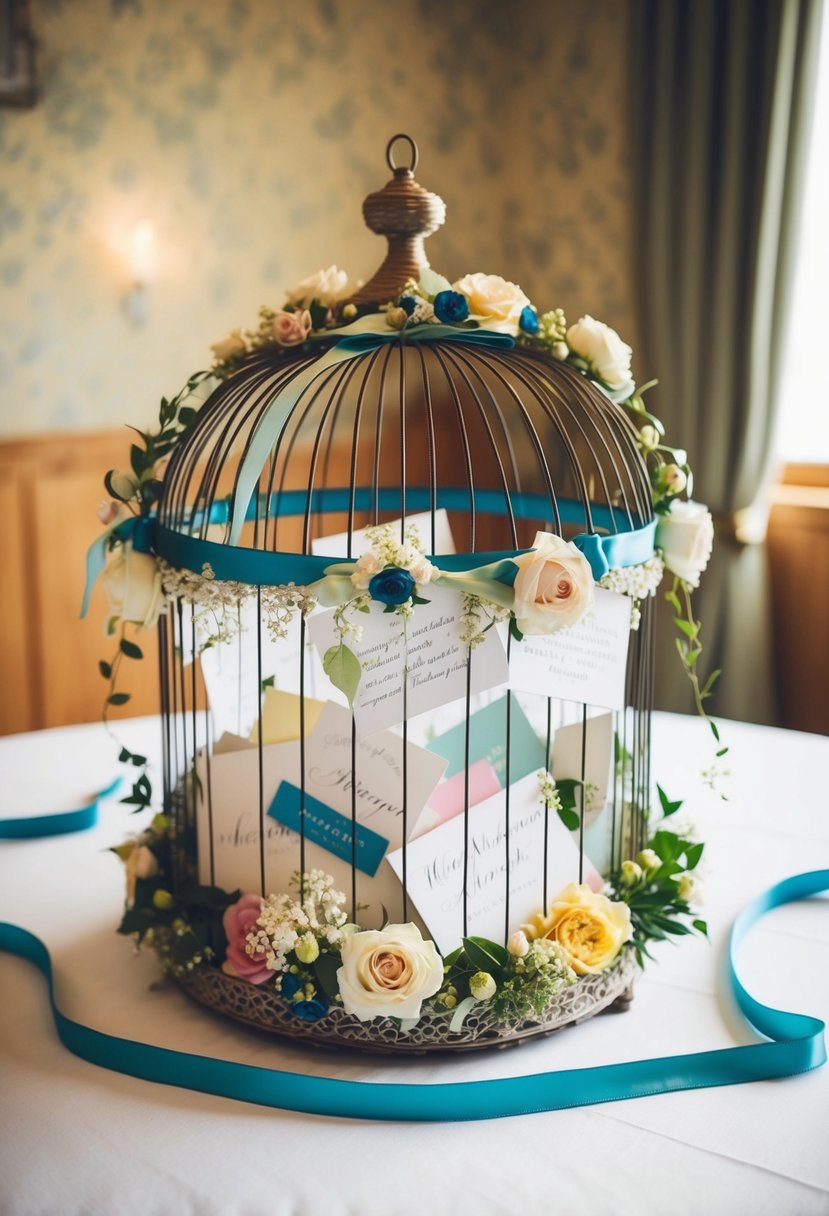 A decorative birdcage adorned with flowers and ribbons, filled with cards and well-wishes for the newlyweds