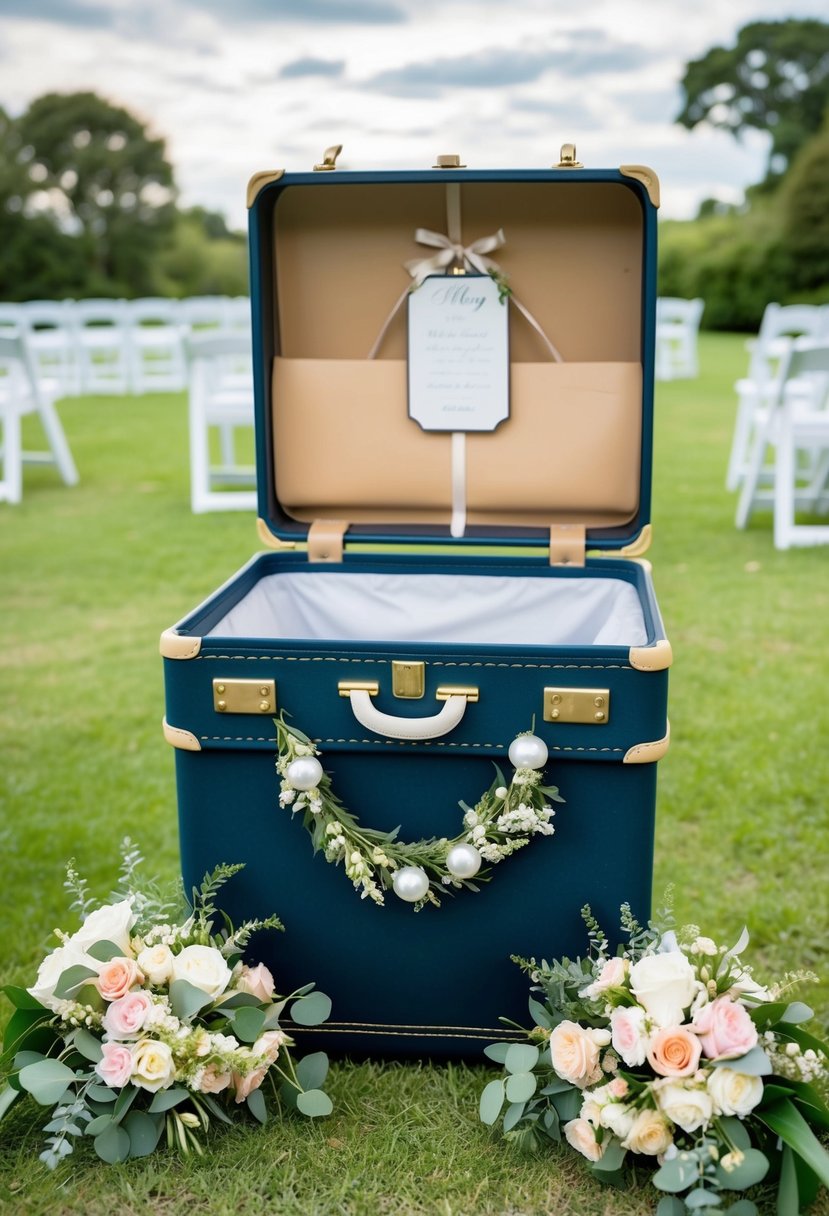 A suitcase transformed into a wishing well, adorned with wedding decorations and surrounded by floral arrangements