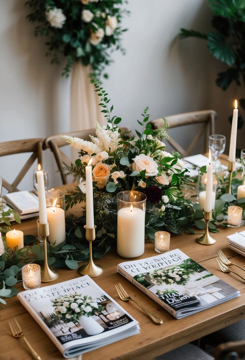 A table set with floral arrangements, candles, and greenery, surrounded by wedding magazines and a binder filled with DIY centerpiece ideas