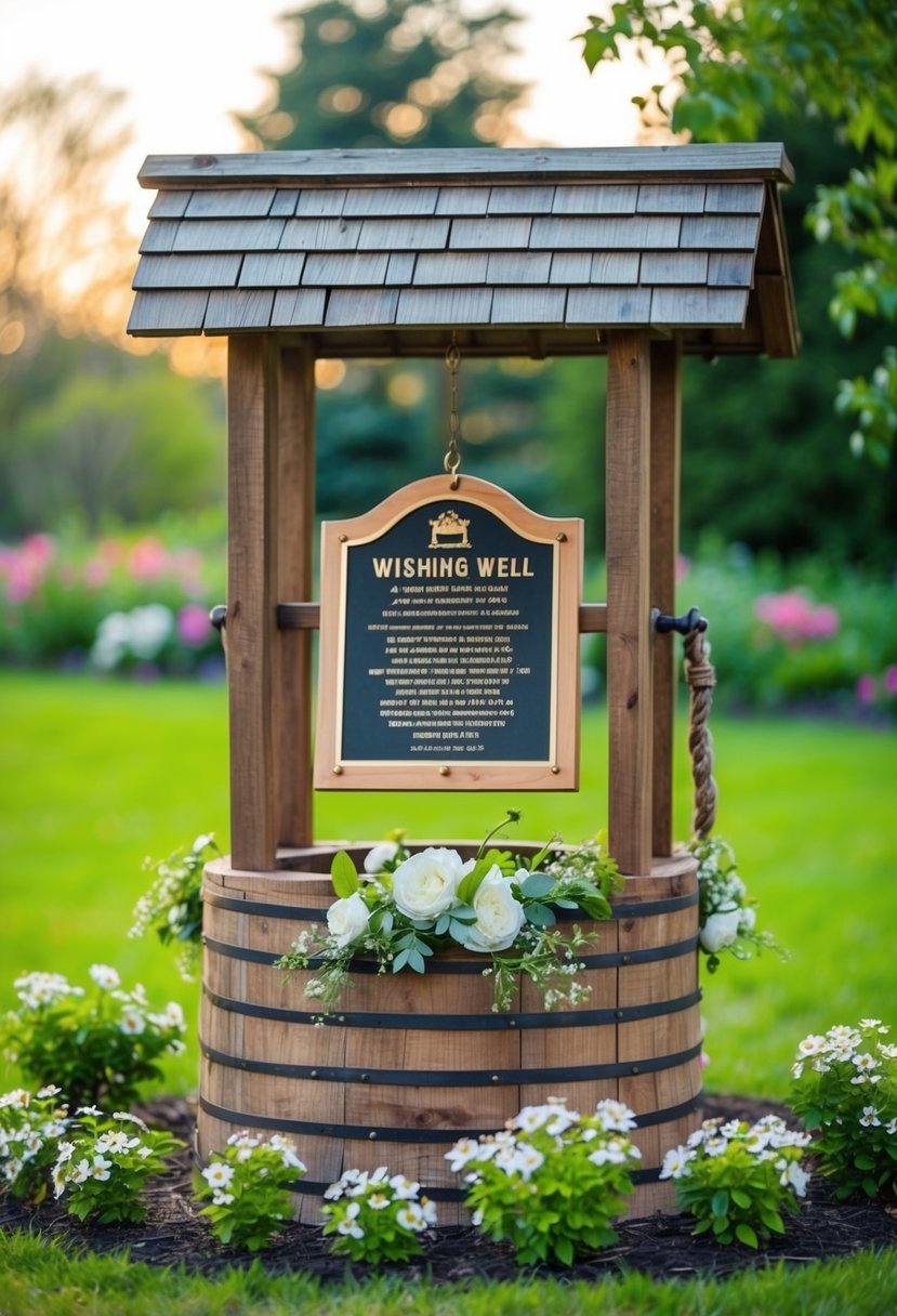 A rustic wooden wishing well adorned with a personalized plaque, surrounded by blooming flowers and greenery