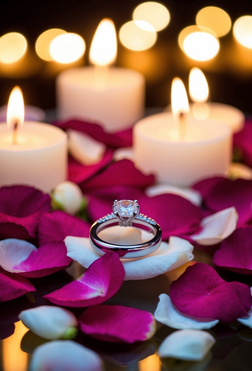 A wedding ring resting on a bed of rose petals, surrounded by flickering candlelight