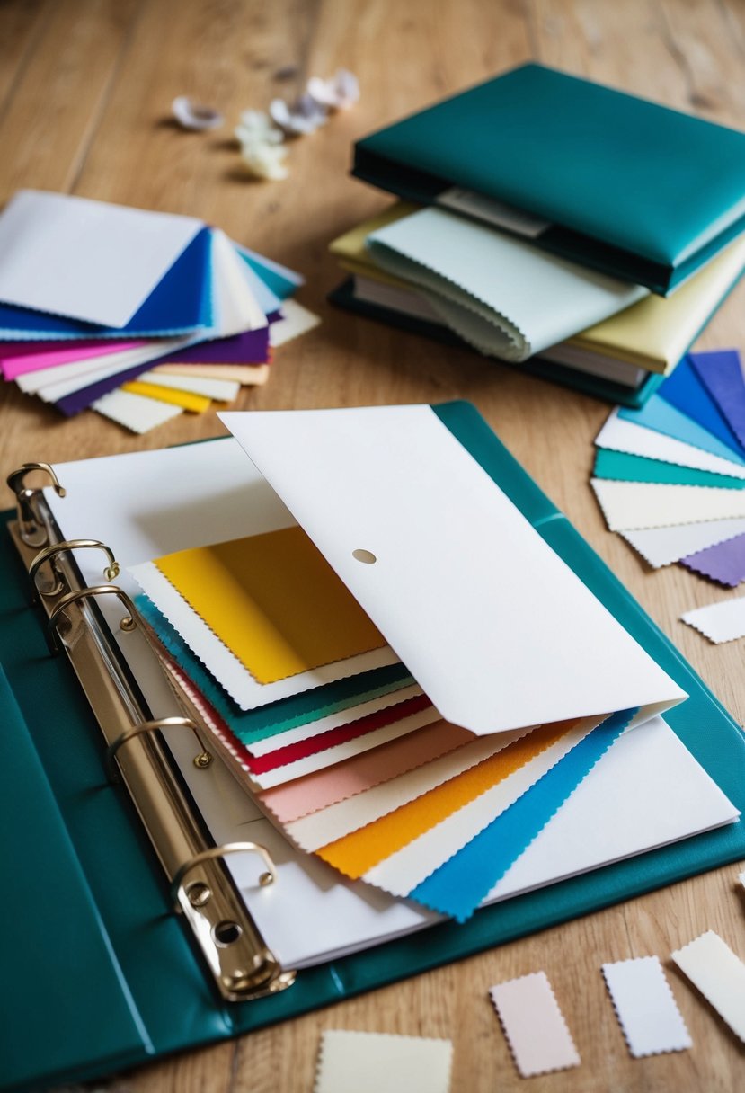 An open color swatch envelope spills onto a wedding binder, with various color combinations and fabric samples scattered around