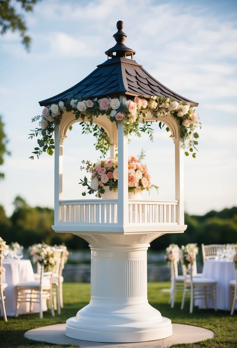 An elegant porcelain wishing well adorned with floral decorations, set against a romantic wedding backdrop