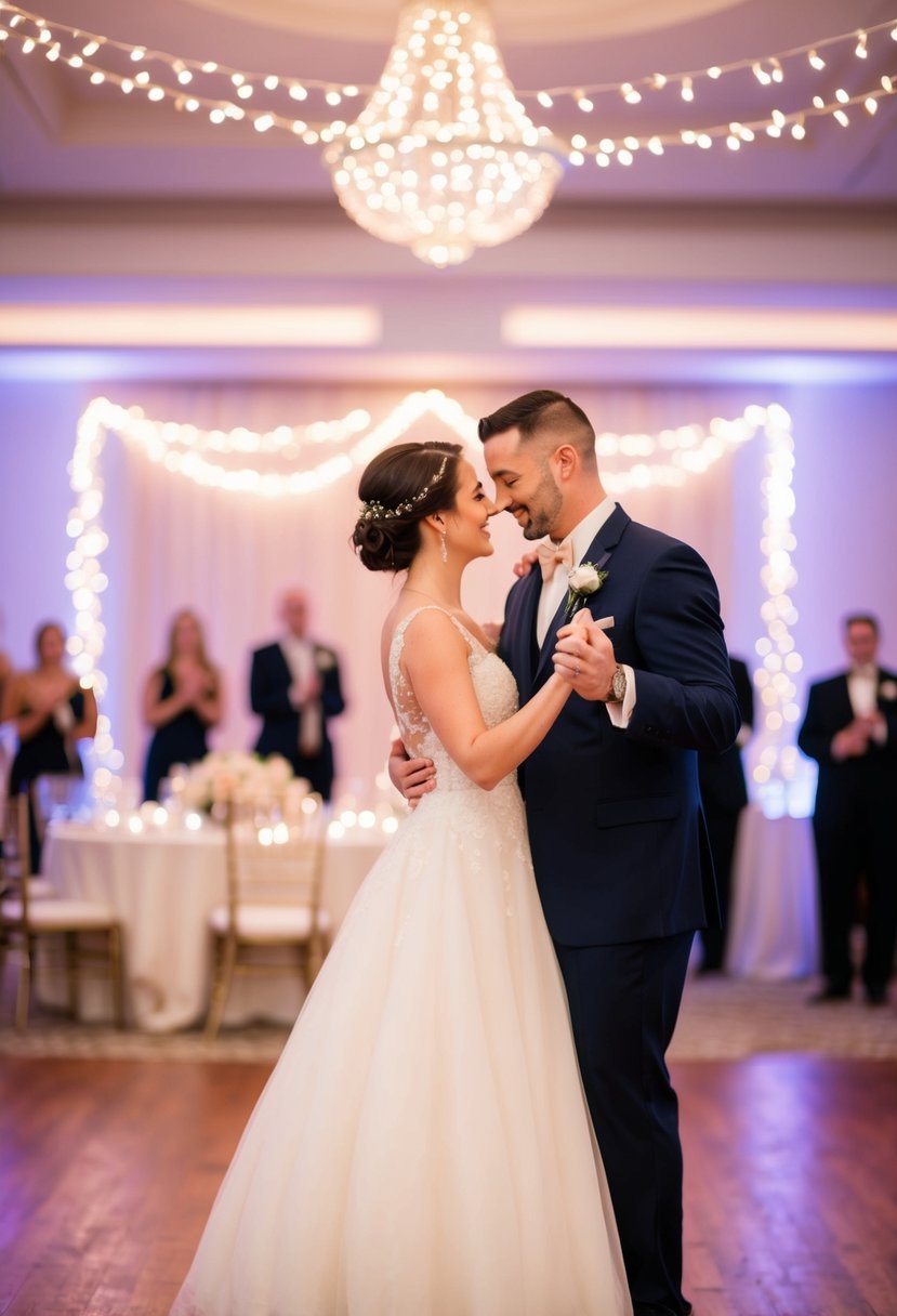 A couple's first dance in a softly lit ballroom, surrounded by twinkling lights and romantic decor