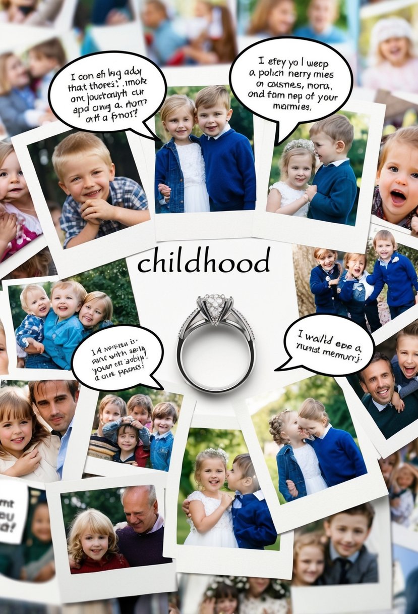 A collage of childhood photos arranged around a wedding ring, with speech bubbles of humorous memories