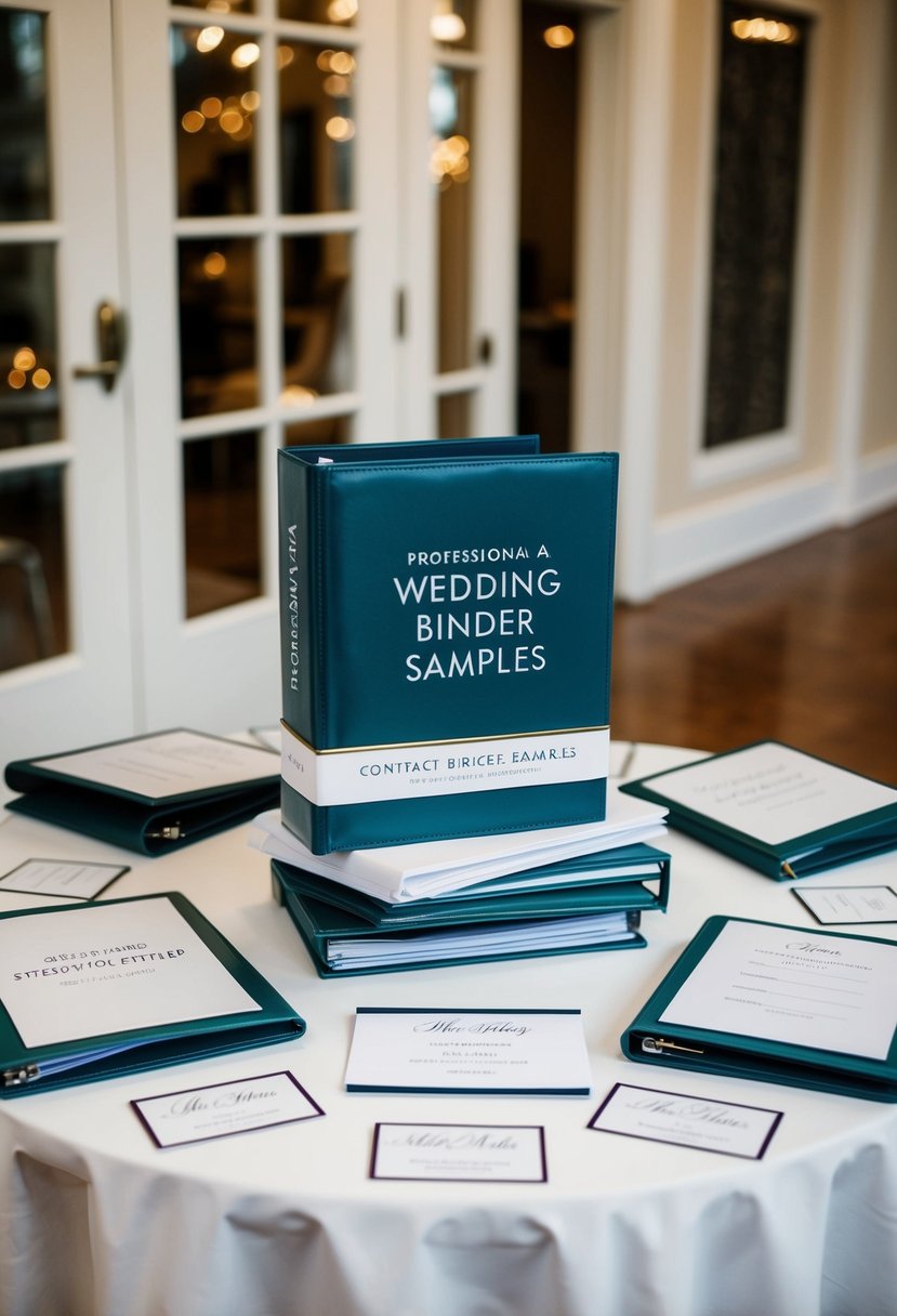 A table with a variety of wedding binder samples, surrounded by contact information for different vendors