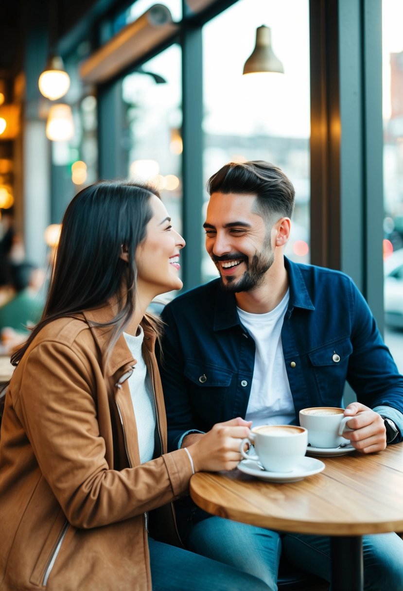 A couple sitting at a cafe, sharing a laugh over coffee