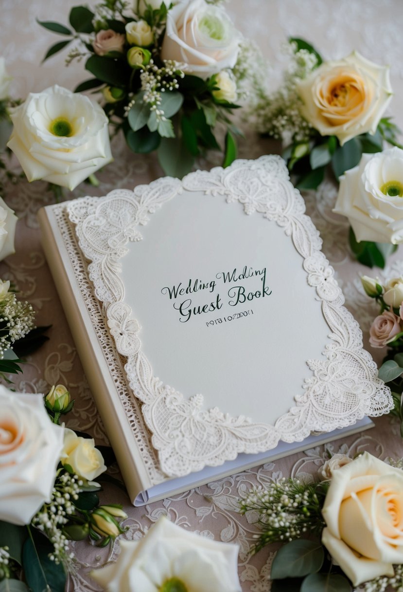 A decorative wedding guest book surrounded by elegant floral arrangements and a coordinating wedding binder with delicate lace details