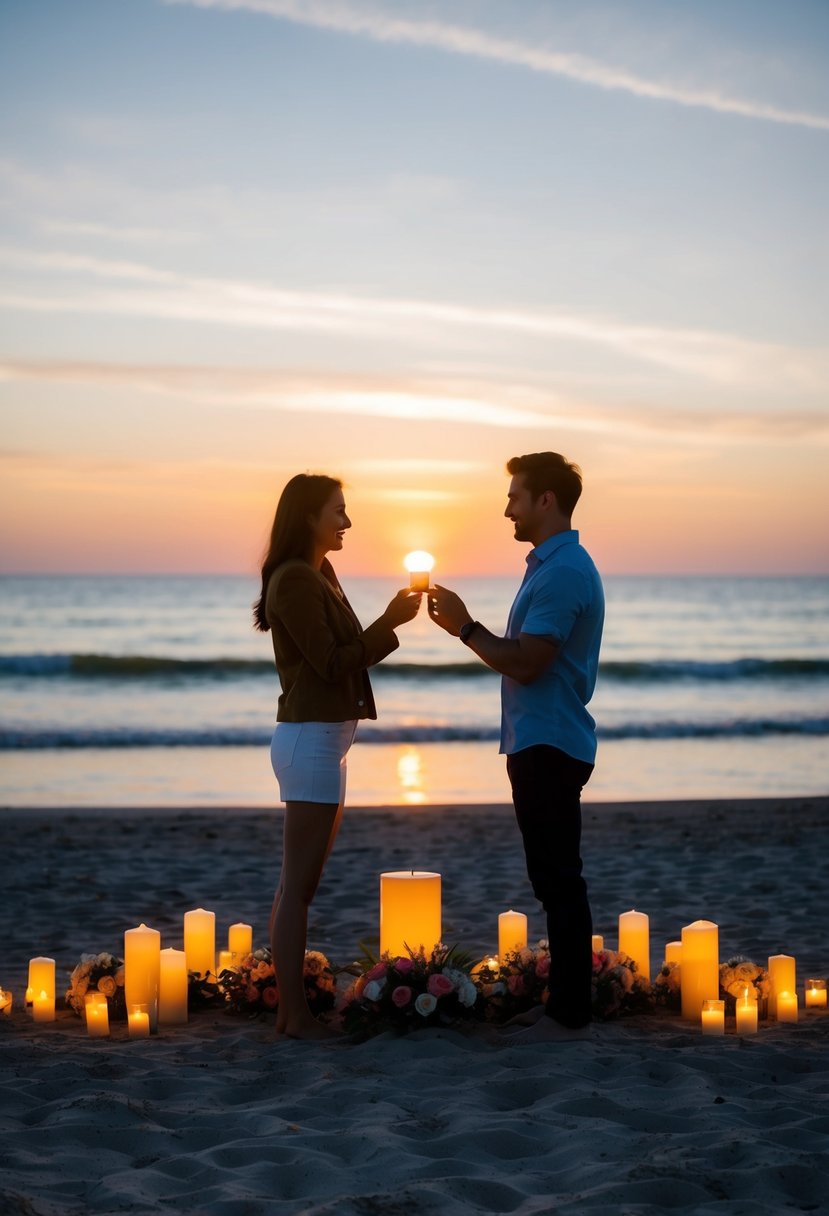 A couple standing on a beach at sunset, surrounded by candles and flowers, as the partner proposes with a ring