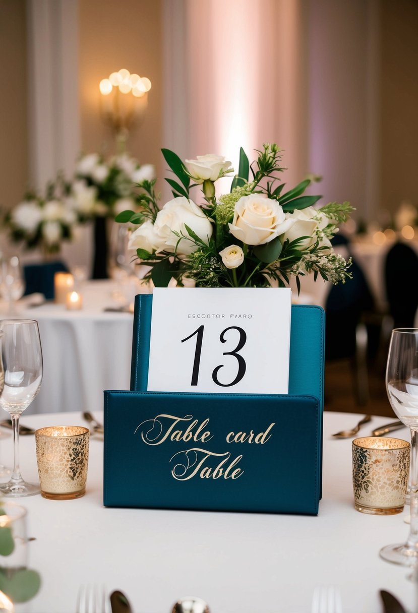 A beautifully decorated escort card table with elegant table numbers displayed in a wedding binder