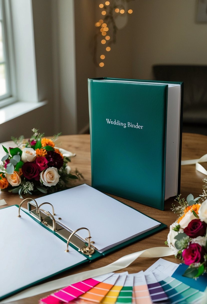 A wedding binder open on a table, surrounded by colorful swatches, ribbons, and floral arrangements