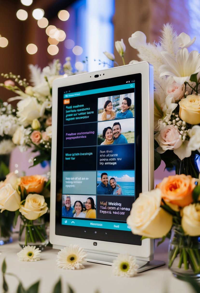 A digital screen displays various video messages from loved ones, surrounded by wedding decorations and flowers