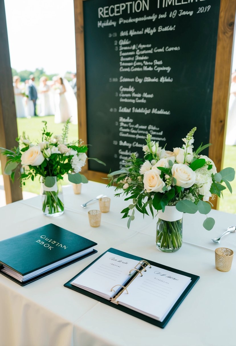 A table with a wedding binder, floral centerpieces, and a guest book. A reception timeline is displayed on a chalkboard