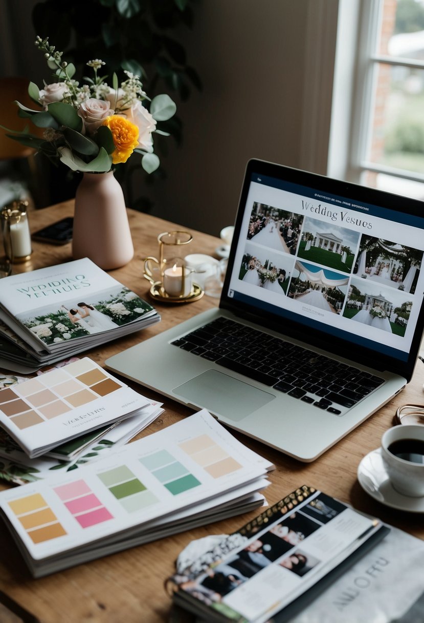 A cluttered desk with wedding magazines, swatches, and a laptop open to a slideshow of wedding venues and decoration ideas