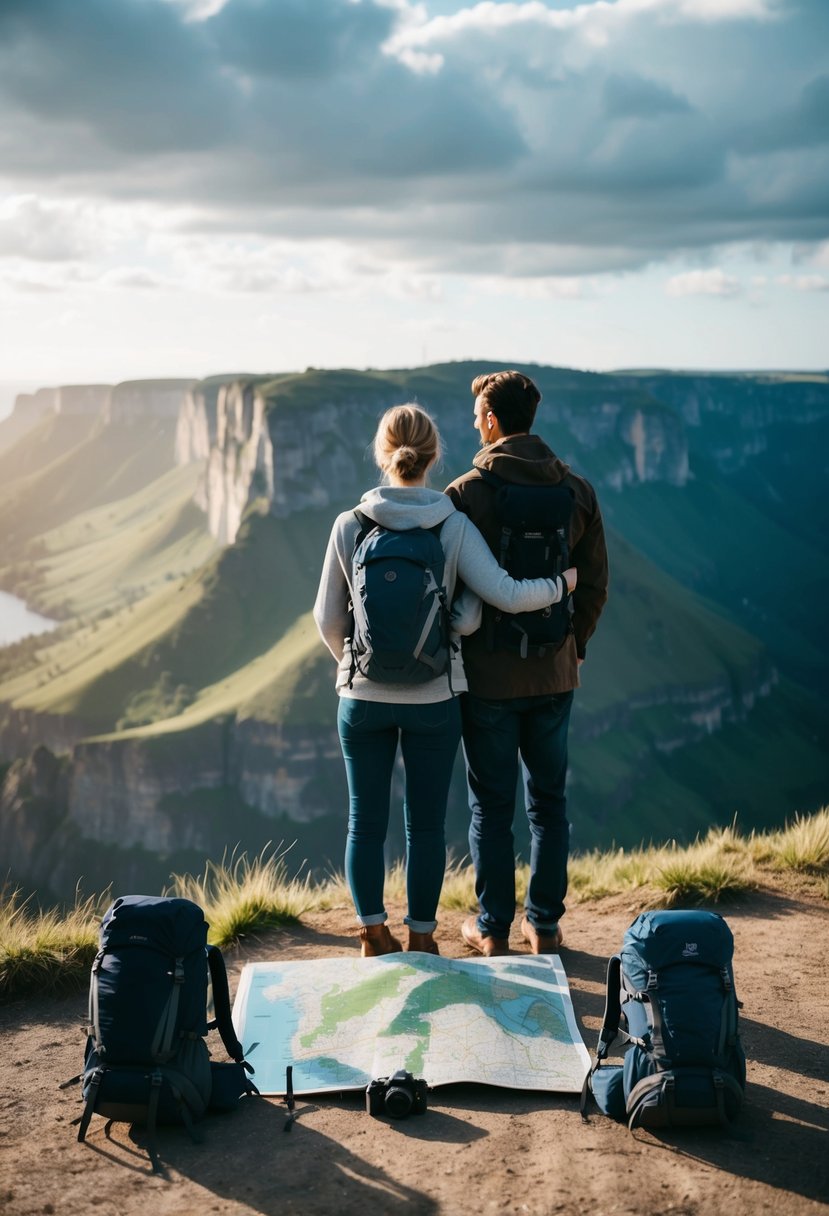 A couple standing on a cliff overlooking a picturesque landscape, with a map, camera, and backpacks at their feet