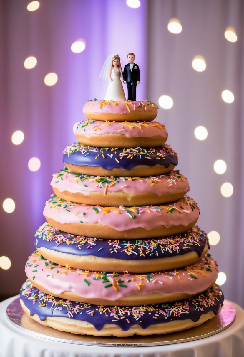 A towering wedding cake made entirely of donuts, stacked in concentric circles with colorful glaze and sprinkles, topped with a miniature bride and groom donut