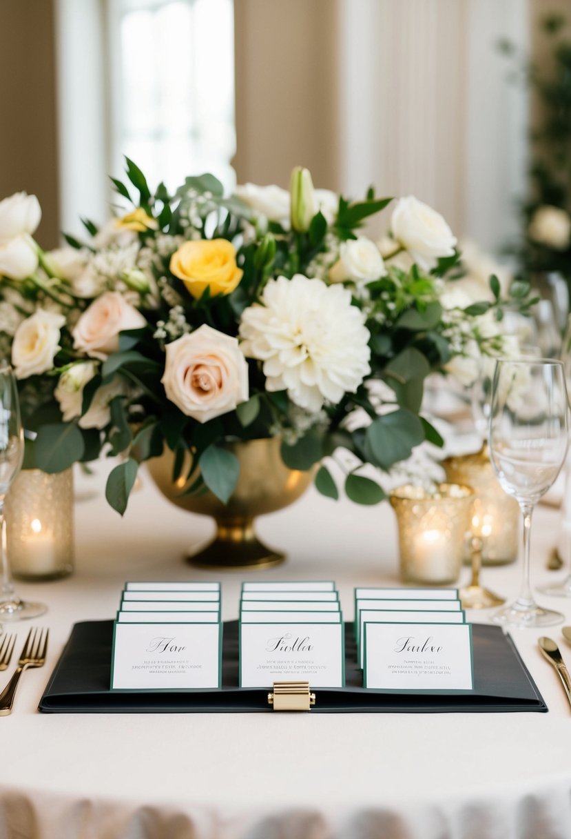 A table set with personalized place cards in a wedding binder, surrounded by floral arrangements and elegant decor