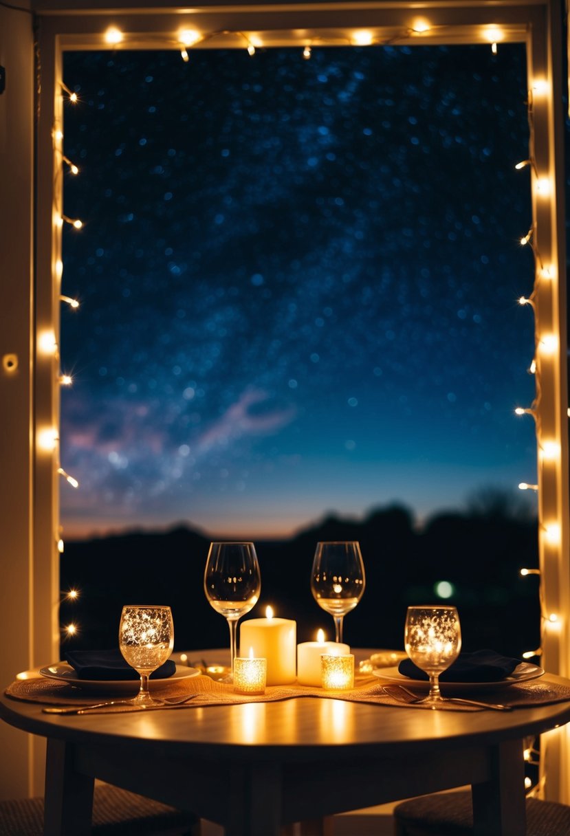 A cozy table for two, surrounded by twinkling fairy lights and candles, with a backdrop of a starry night sky