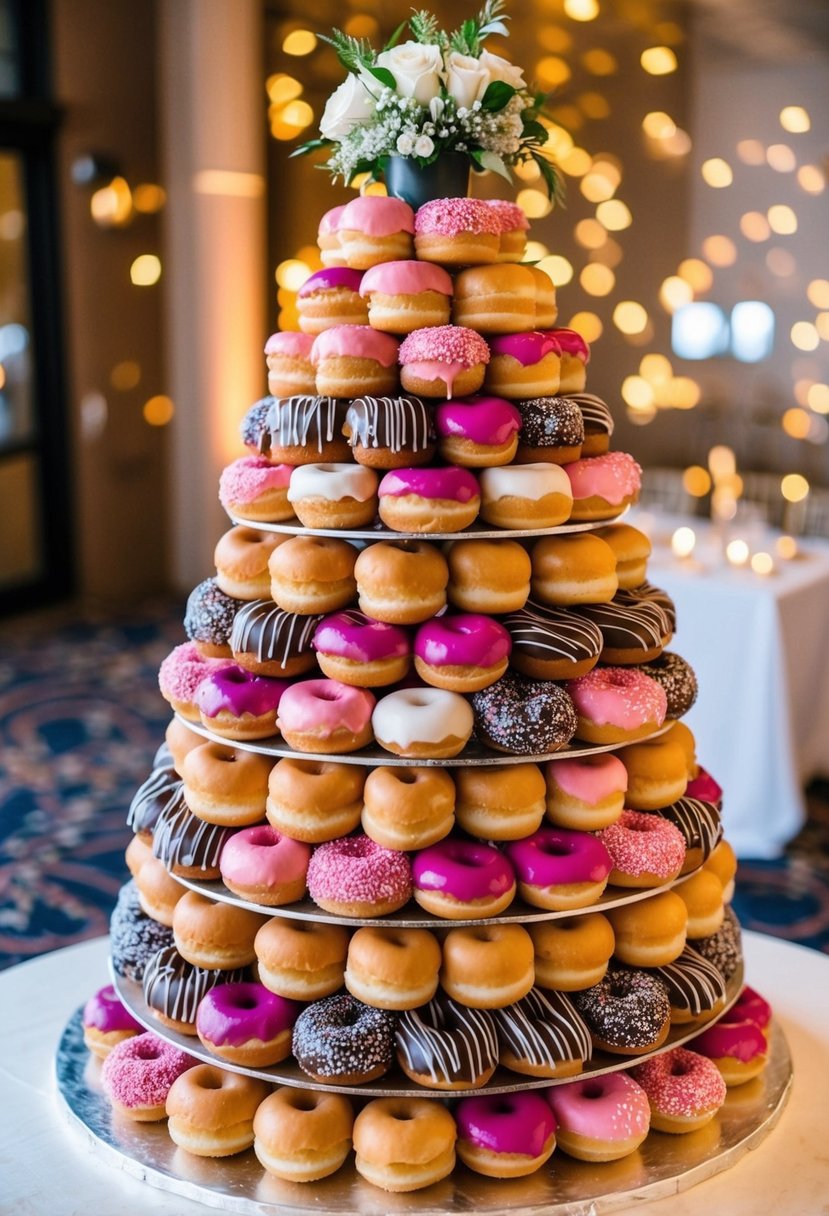 A towering wedding cake made entirely of colorful and decadent donuts, stacked in a stunning display