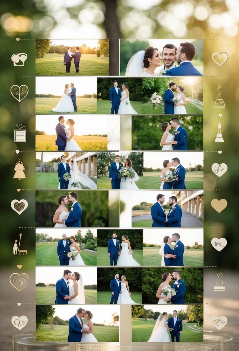 A timeline of wedding photos, starting with a young couple and ending with their current selves, surrounded by symbols of growth and love