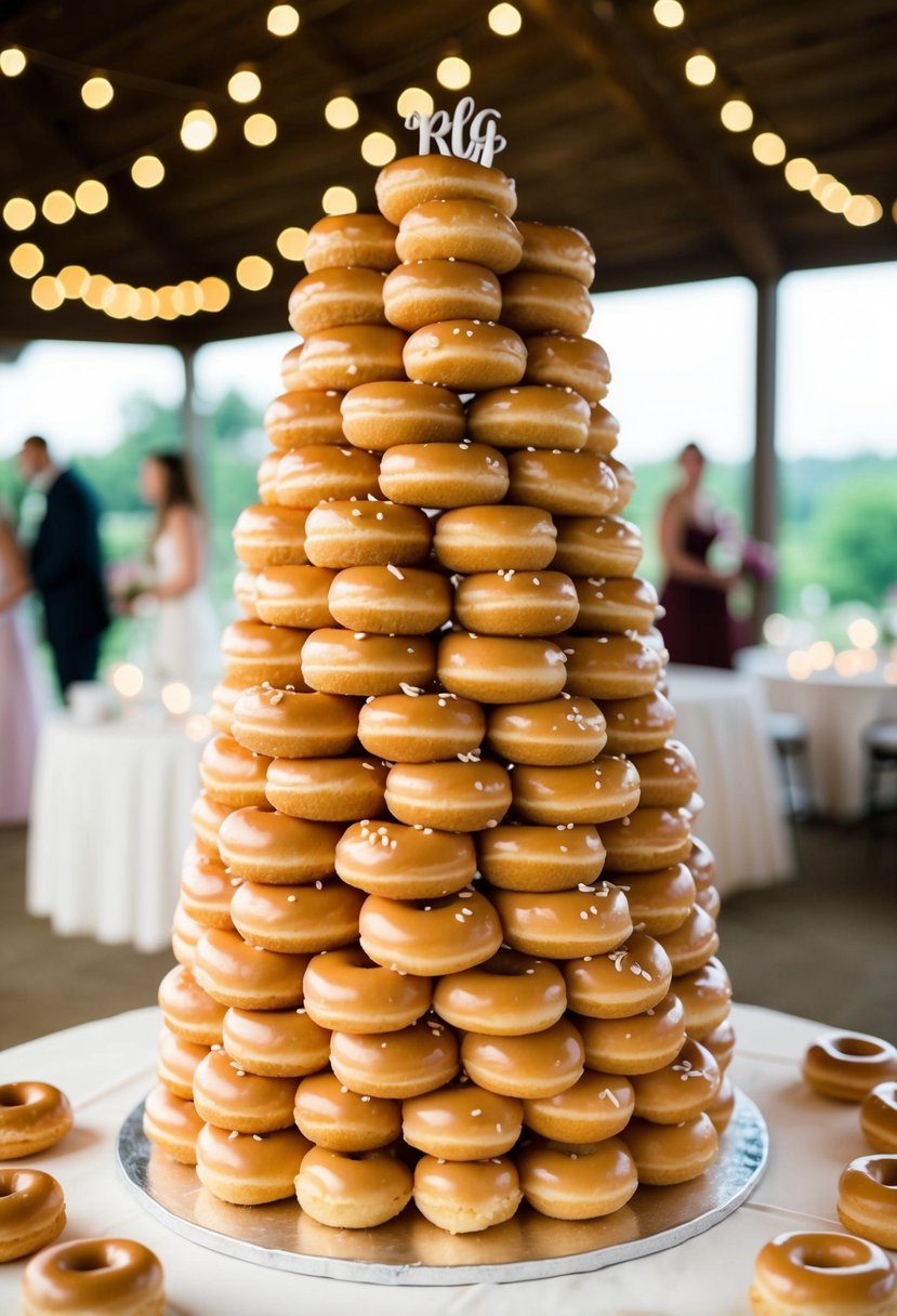 A towering wedding cake made entirely of glazed ring donuts, stacked in a whimsical and decadent display