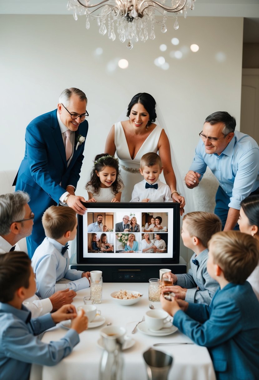 A family gathering around a wedding slideshow, sharing marriage advice and memories