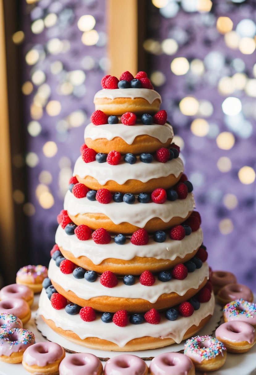 A towering donut wedding cake adorned with vibrant berries and a frosted glaze, surrounded by a whimsical display of smaller donuts