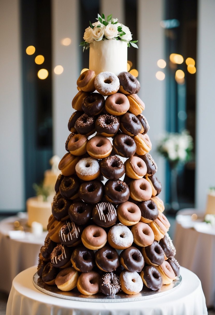 A towering wedding cake made of cascading double chocolate donuts