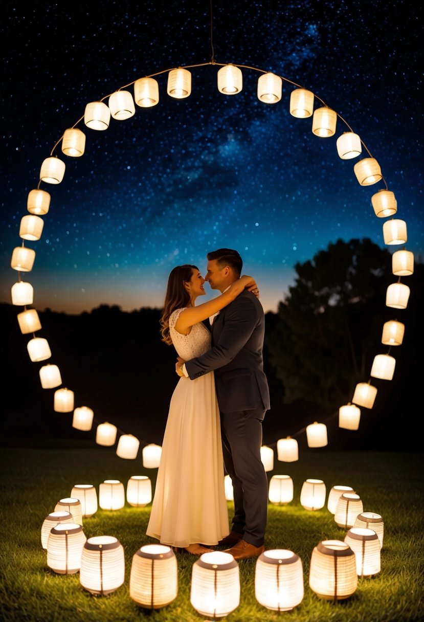 A couple standing under a starry night sky, surrounded by a circle of glowing lanterns, embracing each other with love and affection