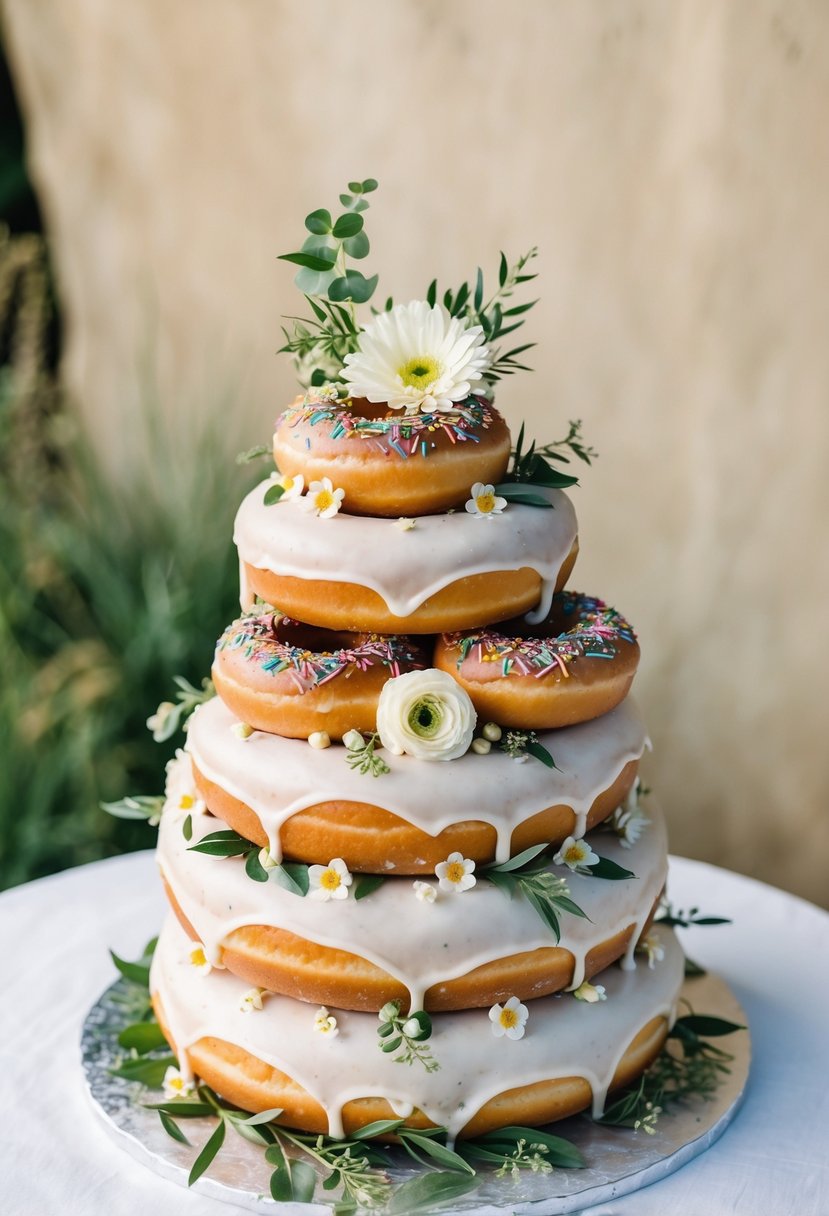 A tiered wedding cake made of donuts, adorned with edible flowers and greenery, set against a natural, rustic backdrop