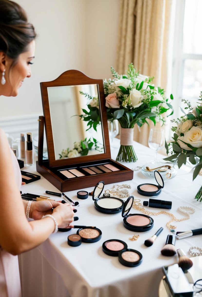 A table scattered with makeup, jewelry, and a bouquet. A mirror reflects the preparations for a wedding day