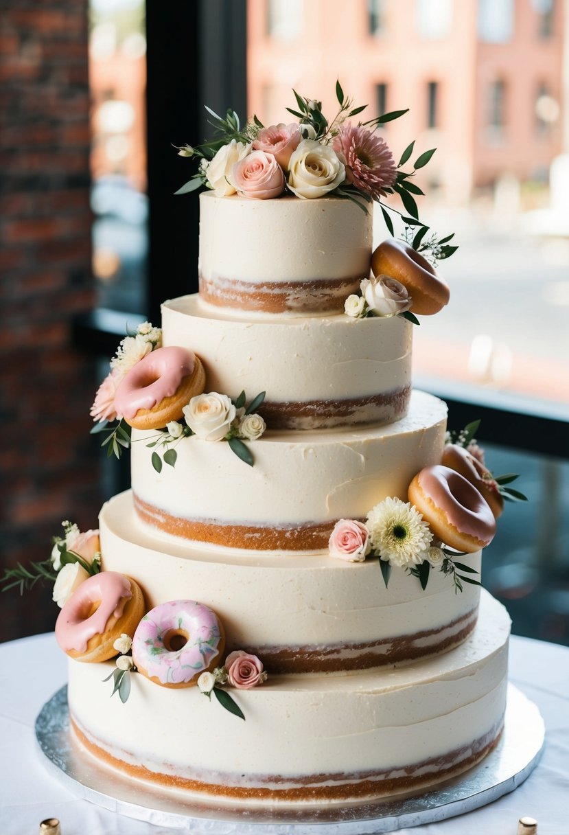 A tiered wedding cake adorned with buttercream floral arrangements and donut accents