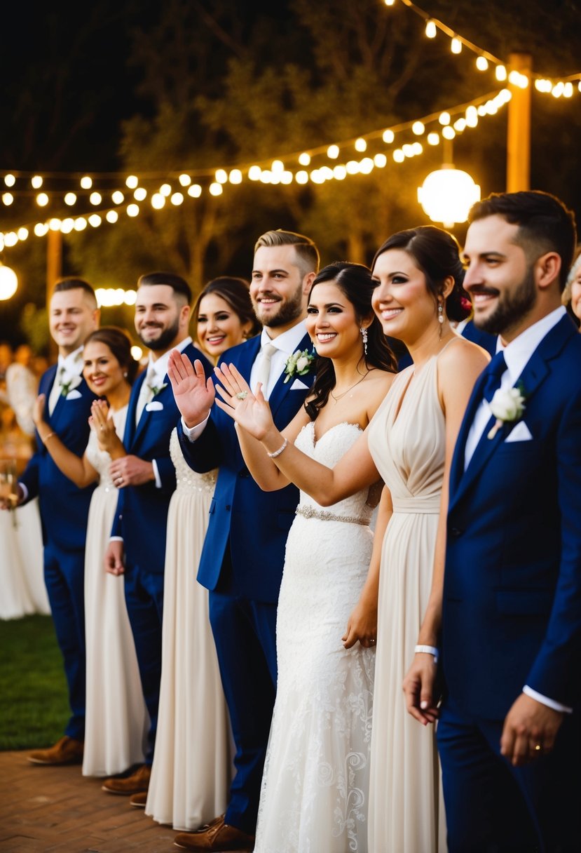 The bridal party stands in a line, smiling and waving as they are introduced at the wedding reception