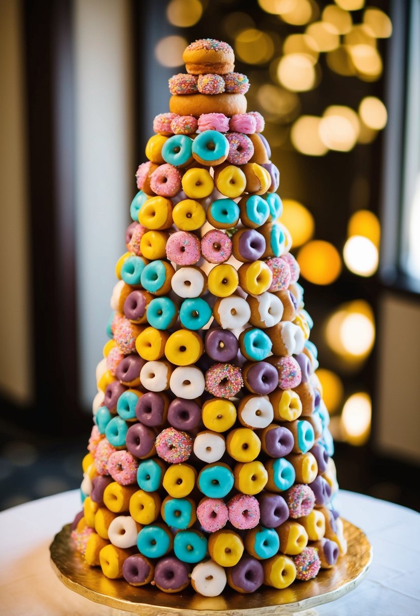 A towering wedding cake made of colorful mini donuts, arranged in a mix-and-match pattern, creating a whimsical and playful display