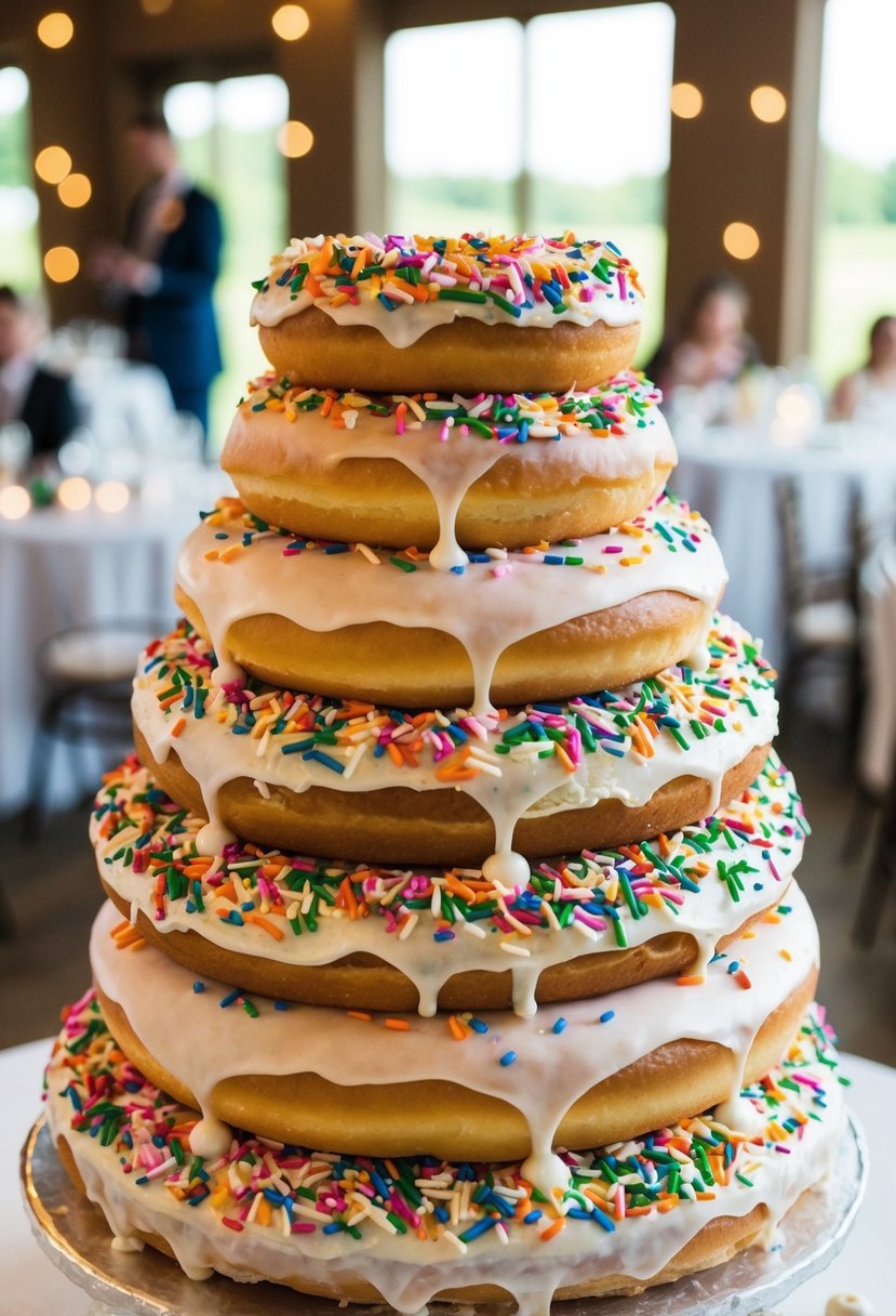 A towering donut wedding cake adorned with colorful sprinkles and loaded with layers of delicious donut goodness